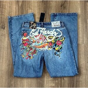 NWT Ed Hardy Multi Tattoo Low Waist Baggy Jeans Women's Jeans Size 34 Y2K Sk8